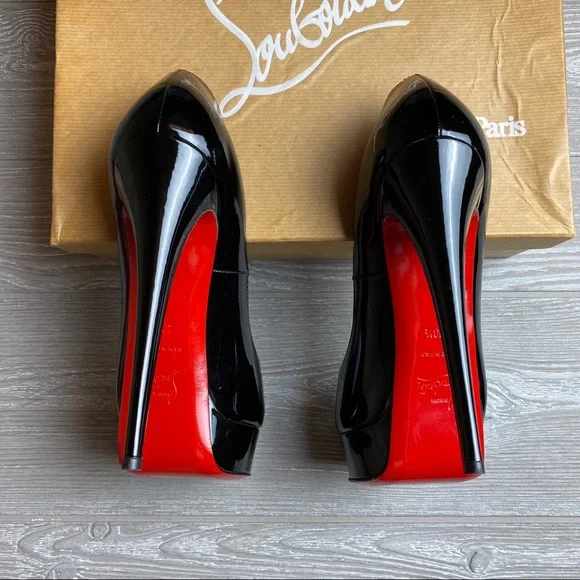 Christian Louboutin Heels Black Patent Lady Peep Toe Pumps 10.5 Red Bottoms - Picture 9 of 13